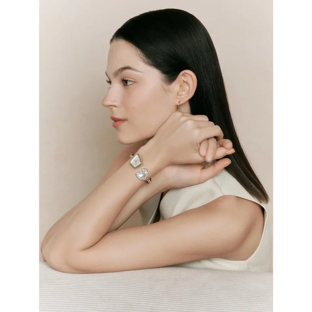 Women's Gold Cuff Bangle Quartz Watch Shaped Mineral Case Stainless Steel